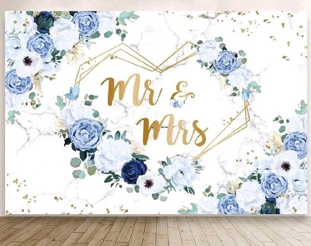 7x5ft Mr and Mrs Floral Backdrop for Wedding/Shower Blue and White Flowers Photo