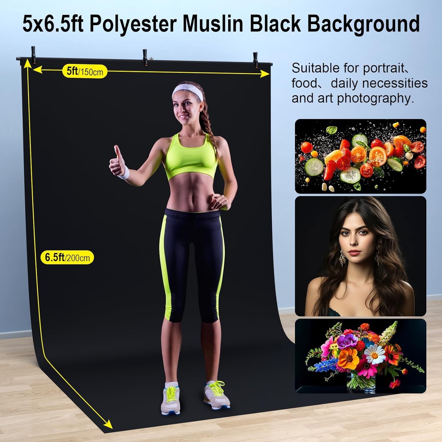 Lincostore Black Backdrop with Stand 5×6.7ft, Portable Black Photo Backdrop B…