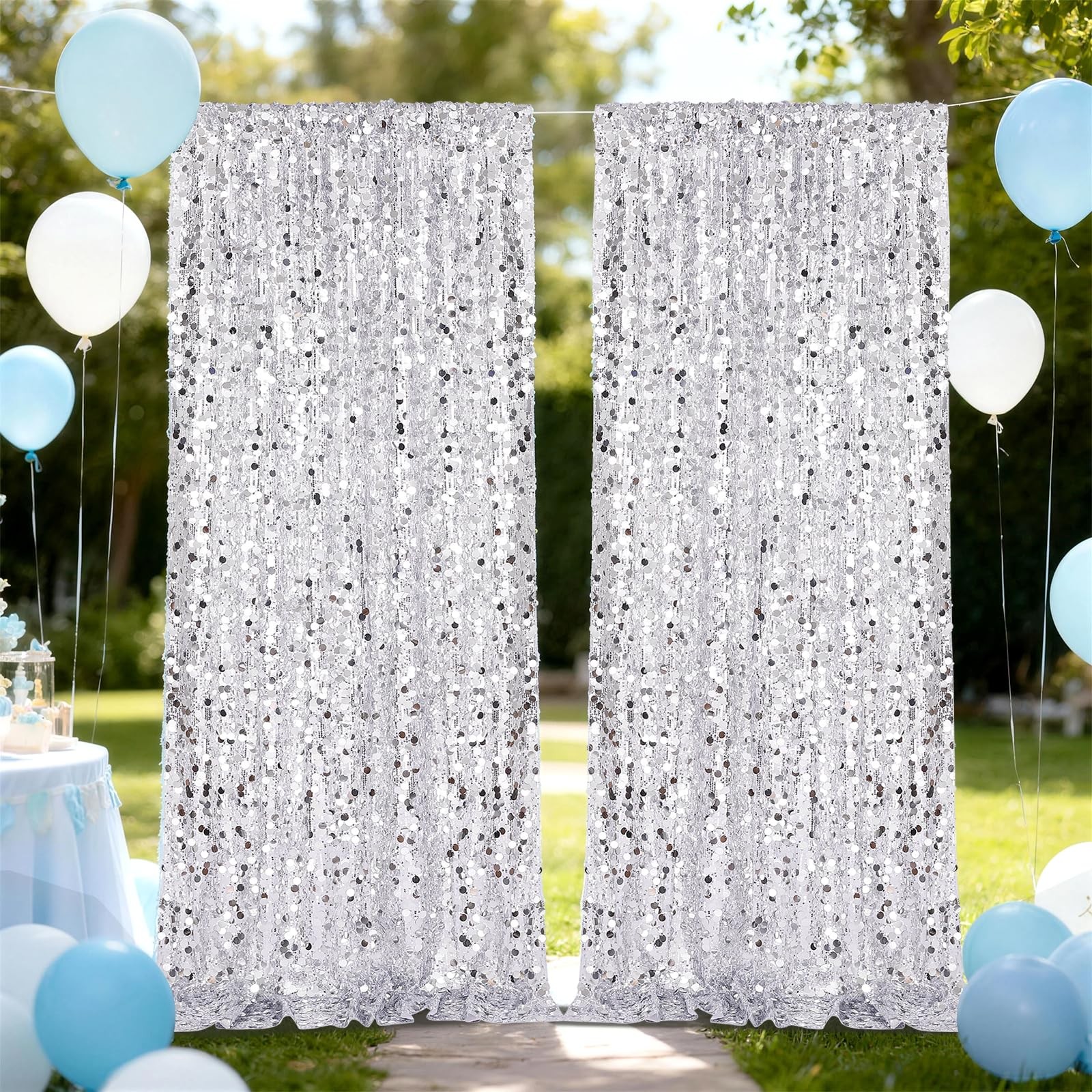 Silver Sequin Backdrop Curtain 8.6x8ft Glitter Drape Birthday Party Decor 2Pc