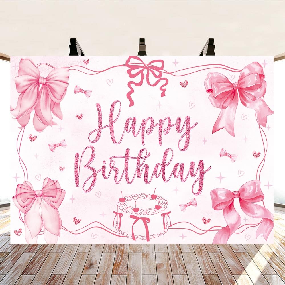 Pink Bow Coquette Happy Birthday Party Theme Photo Backdrop 7x5ft Banner