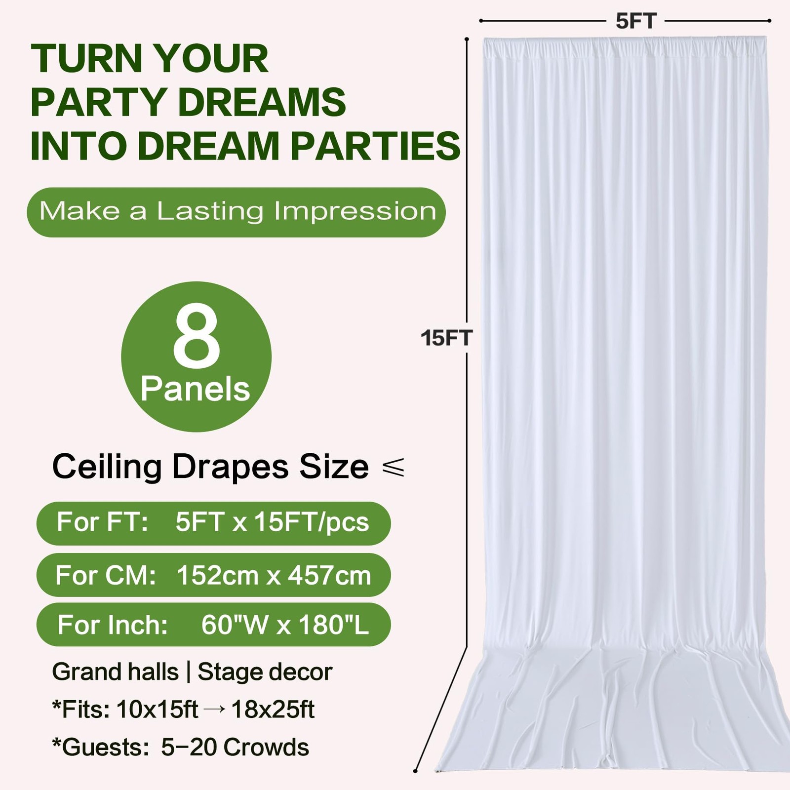 Party Village 40ft×15ft White Backdrop Curtain W5′ x H15′(8 panels),