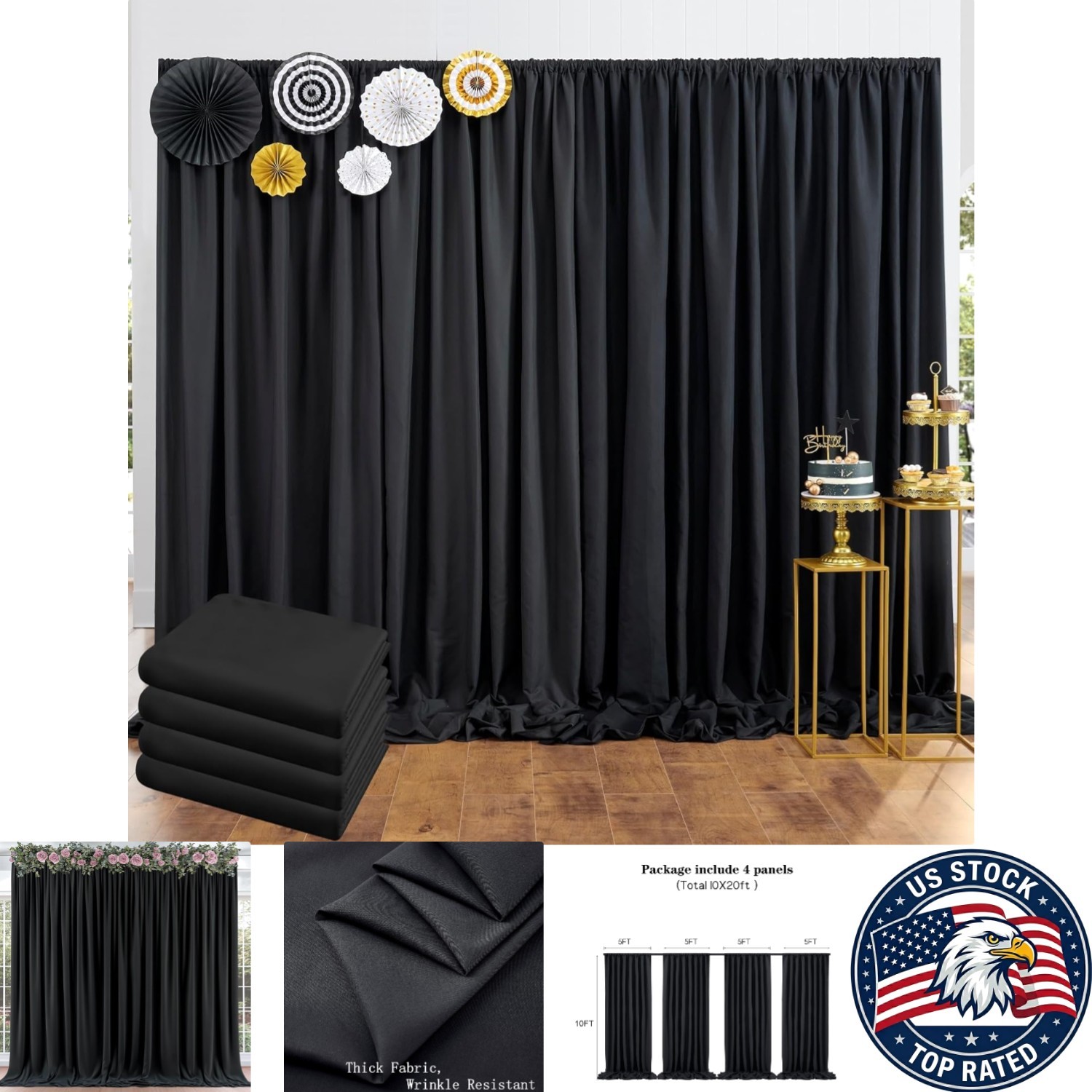 20ft x 10ft Thick Black Backdrop Curtain Panels – Perfect for Weddings & Parties