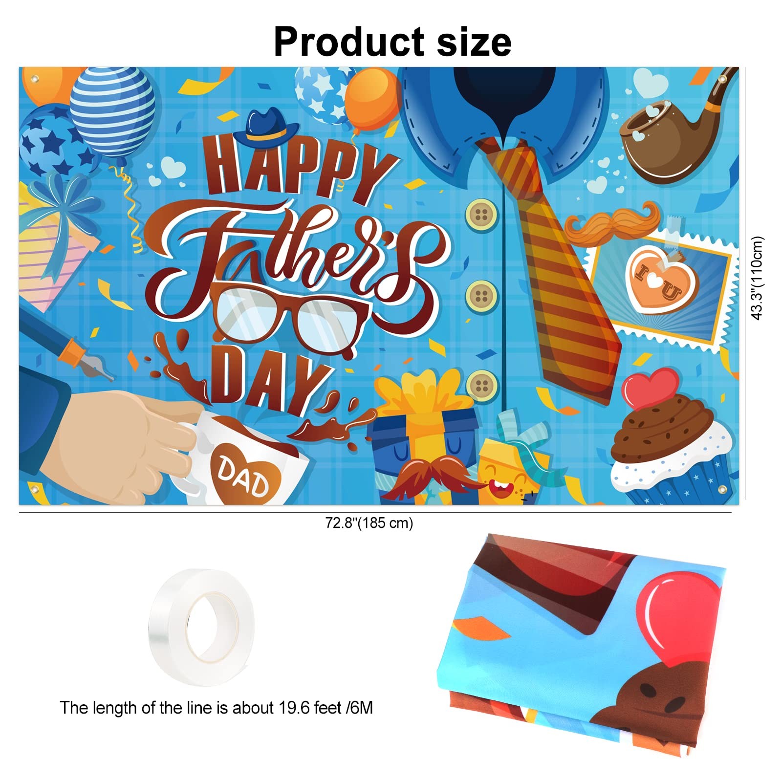 Happy Father’s Day Banner, Blue Fabric Backdrop with Brown Tie, Star Balloons, ‘