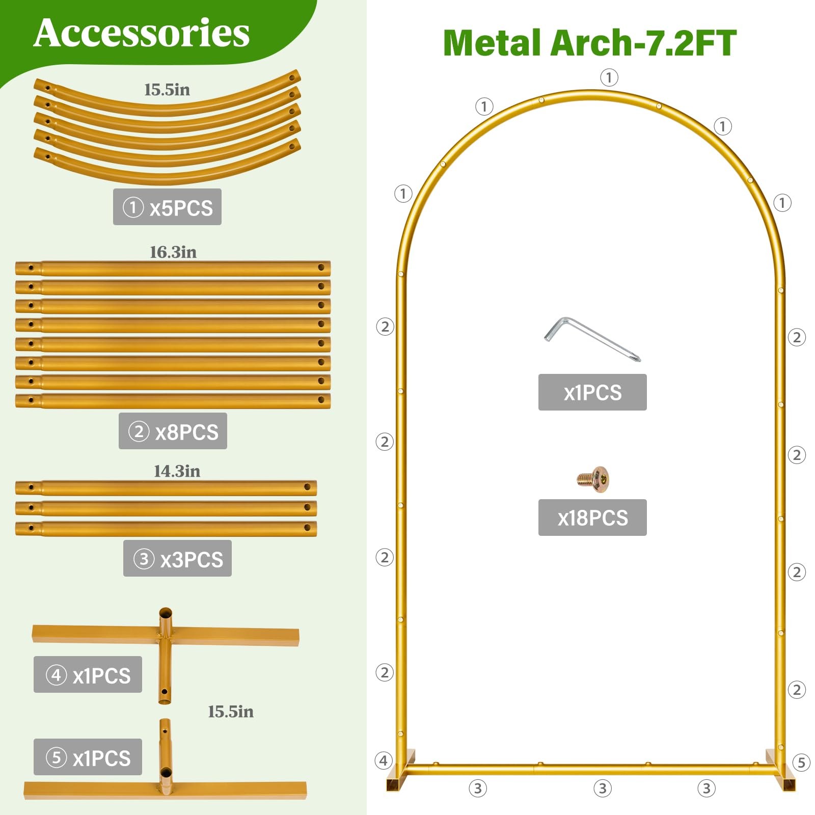 Metal Arch Backdrop Stand Wedding Arch frame Set of 2 (7.2FT,6FT) Gold Balloo…