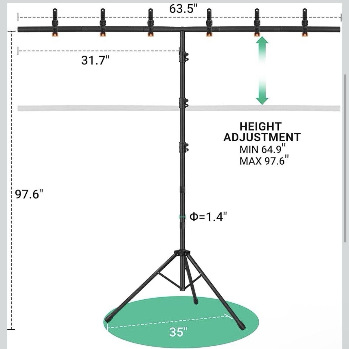Photo Studio Adjustable Backdrop Support Stand 63.5in, 6 Clamps, Sandbag, Black