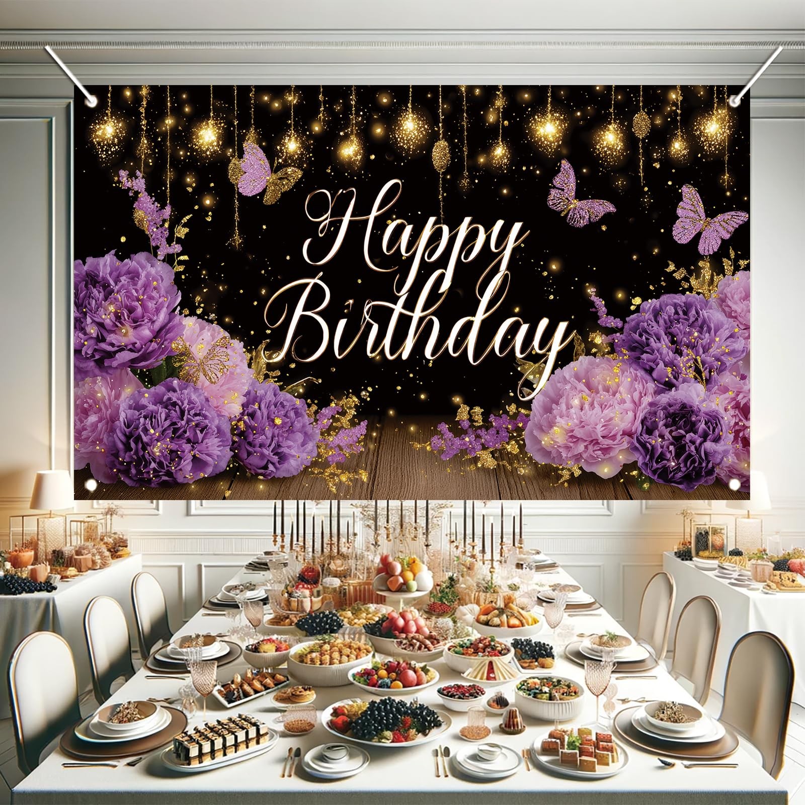 Purple Happy Birthday Backdrop 71 x 43 Inch Floral Butterfly Gold Glitter Photog