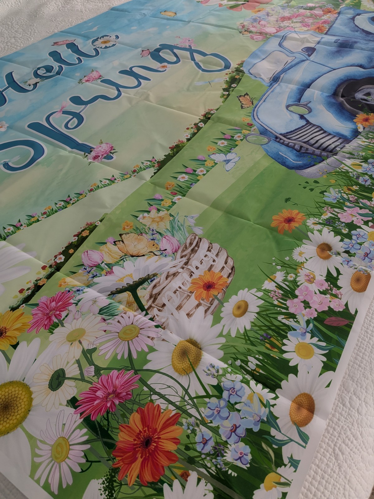 Hello Spring Banner Vibrant Floral Blue Truck Gnome Easter Party Photo Backdrop
