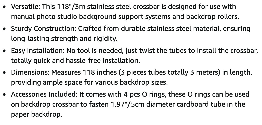 118″/3m Stainless Steel Backdrop Crossbar for Manual Photo Studio Background Sup