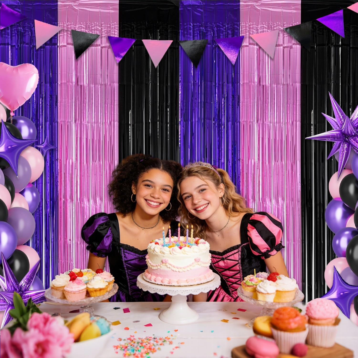 Pink Purple Black Foil Fringe Curtains Birthday Decorations, 2 Pack 3.2×6.6ft…