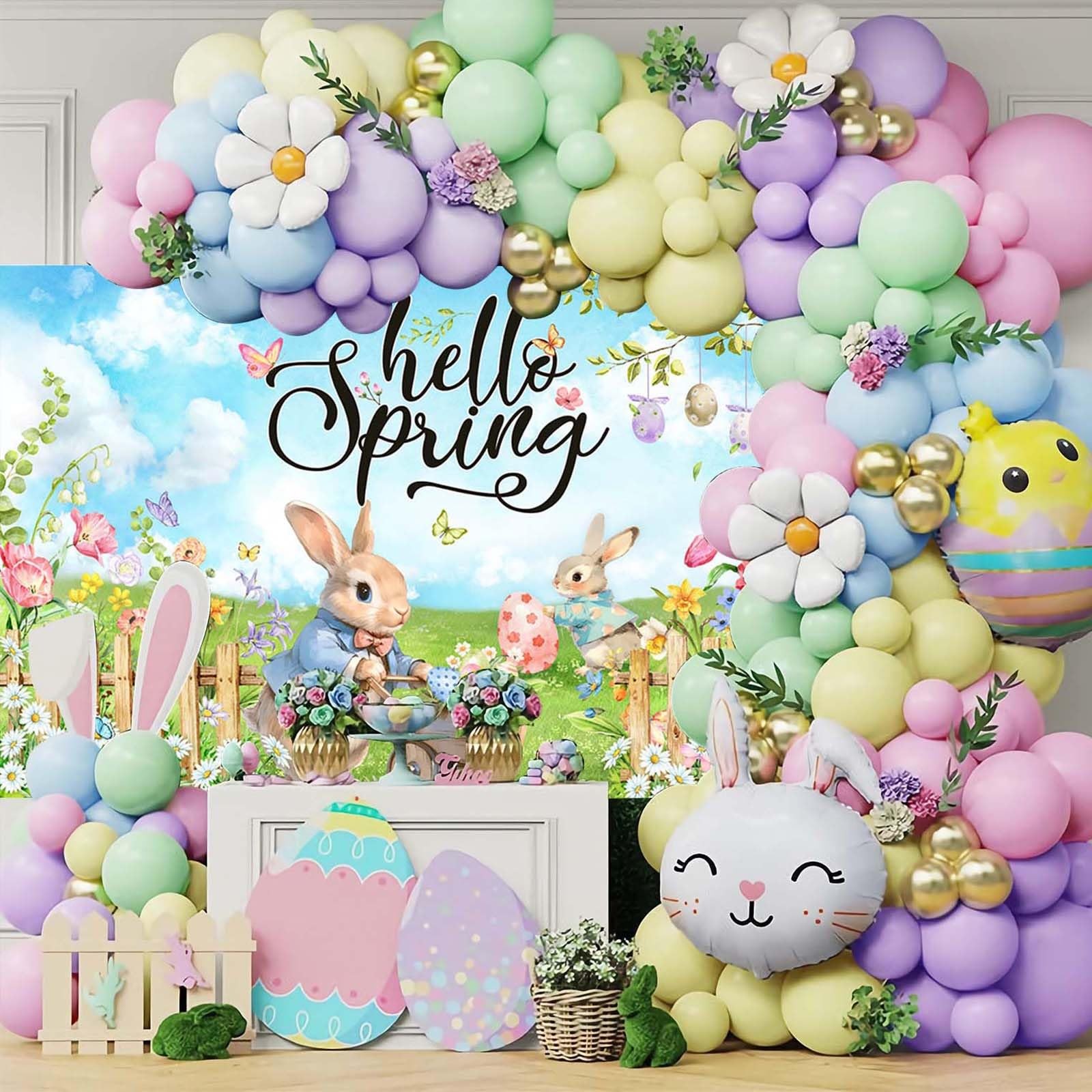 Mocsicka Hello Spring Backdrop Easter Party Banner 70.8×43.3 inch, Greenery