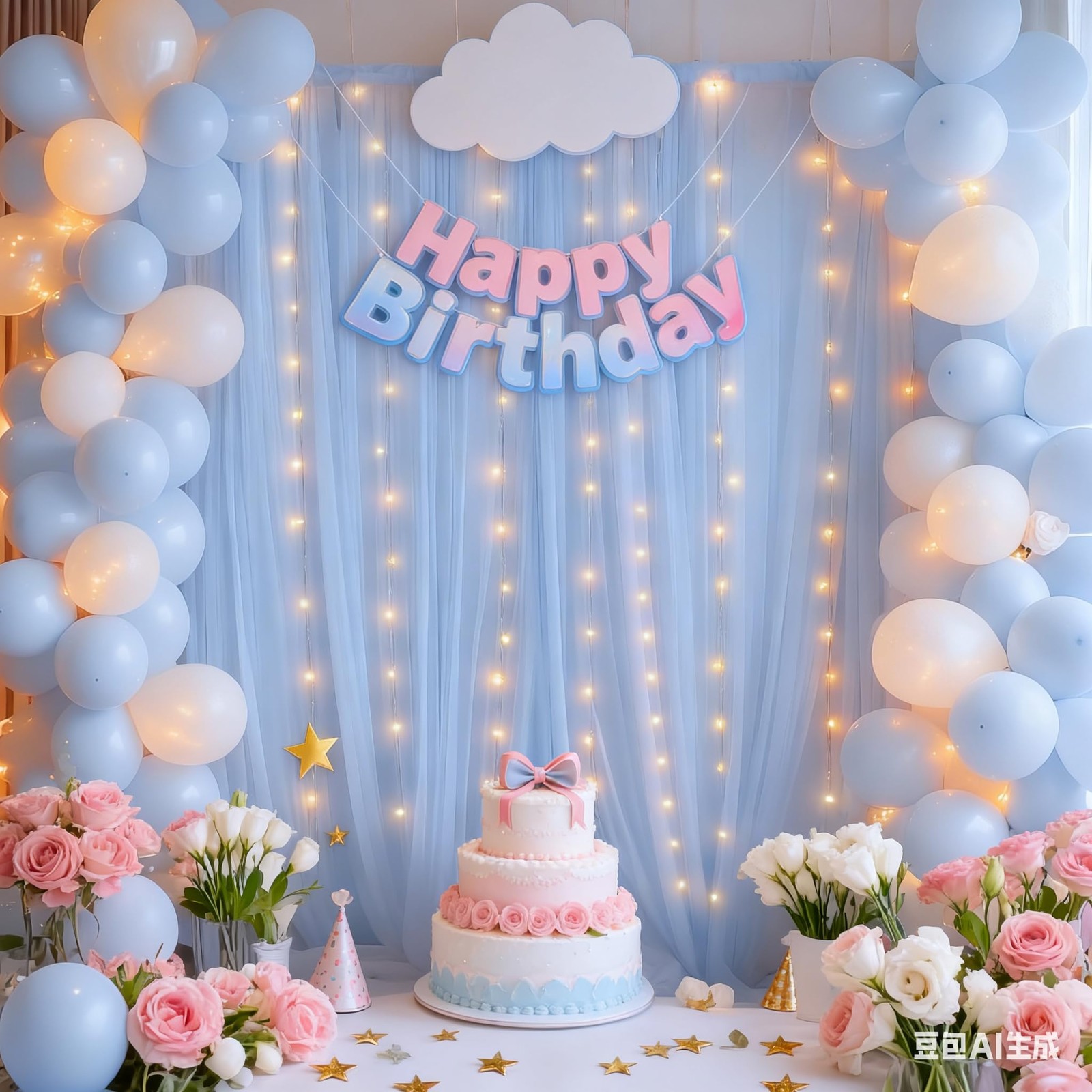 Tulle Backdrop Curtain Light String Wedding Ceremony Reception Baby Blue 10x10ft