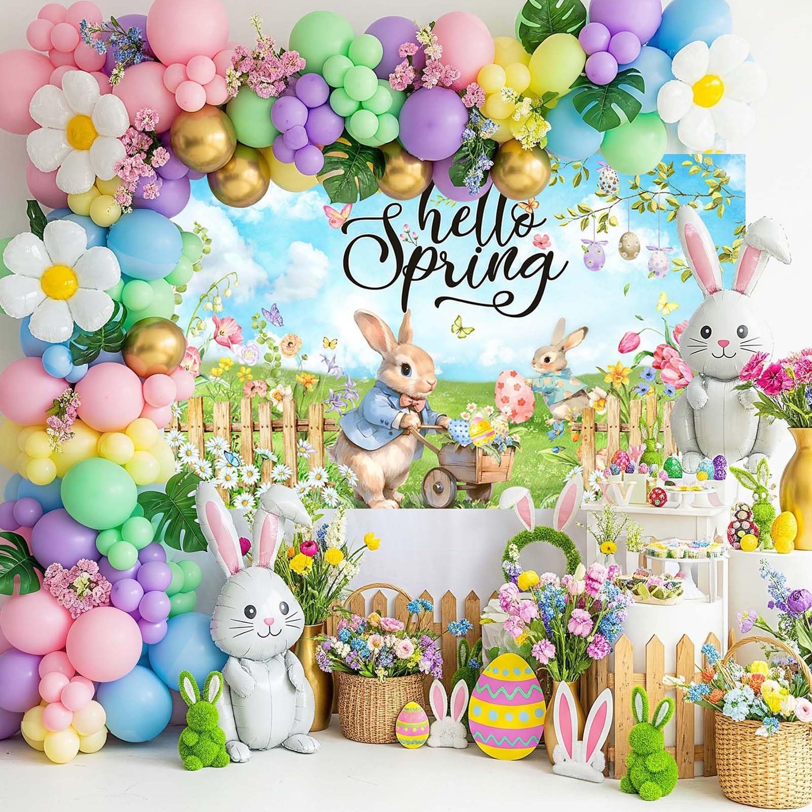 Mocsicka Hello Spring Backdrop Easter Party Banner 70.8×43.3 inch, Greenery