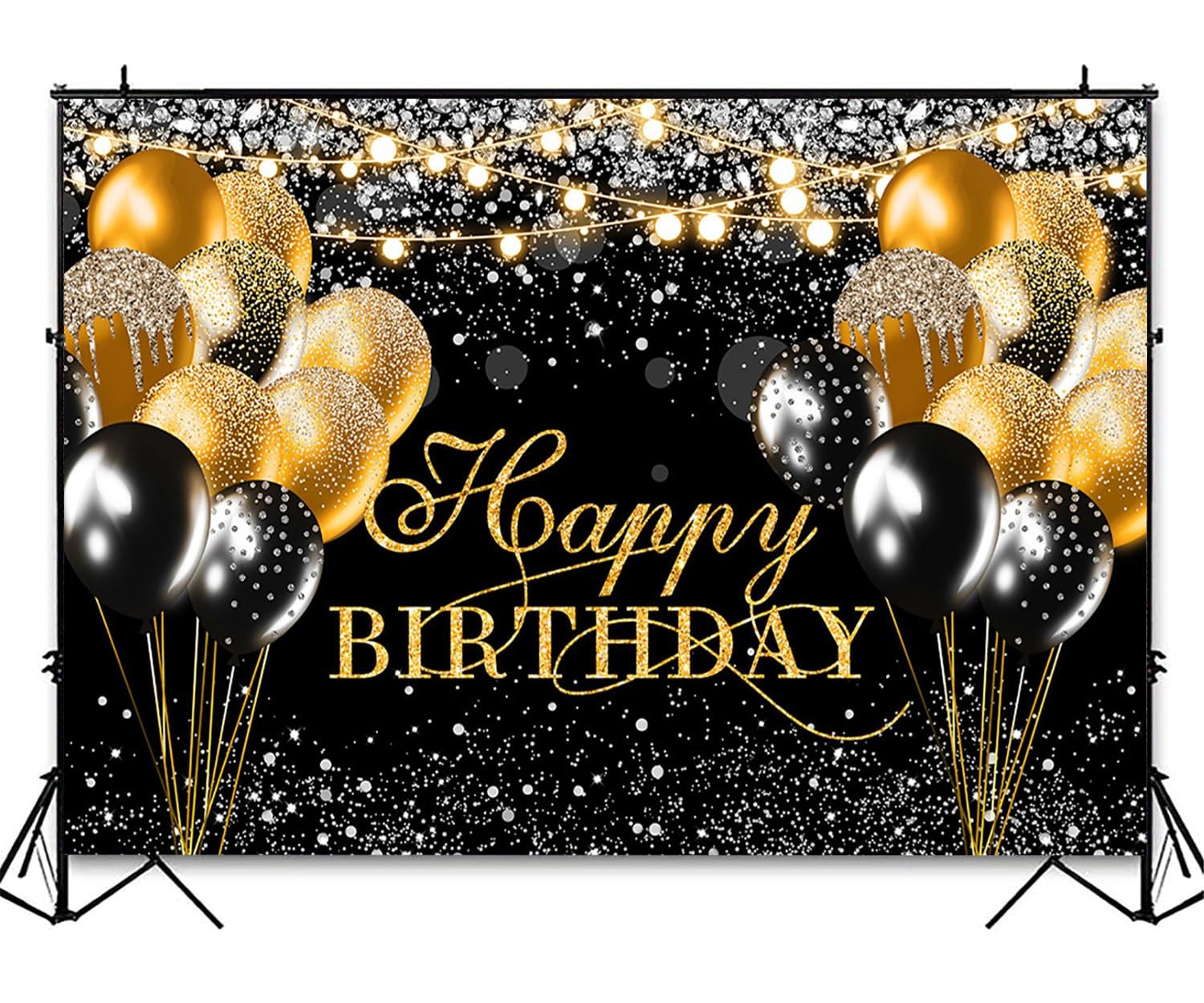Black Gold Happy Birthday Backdrop Banner Men Birthday Party Decorations Glit…