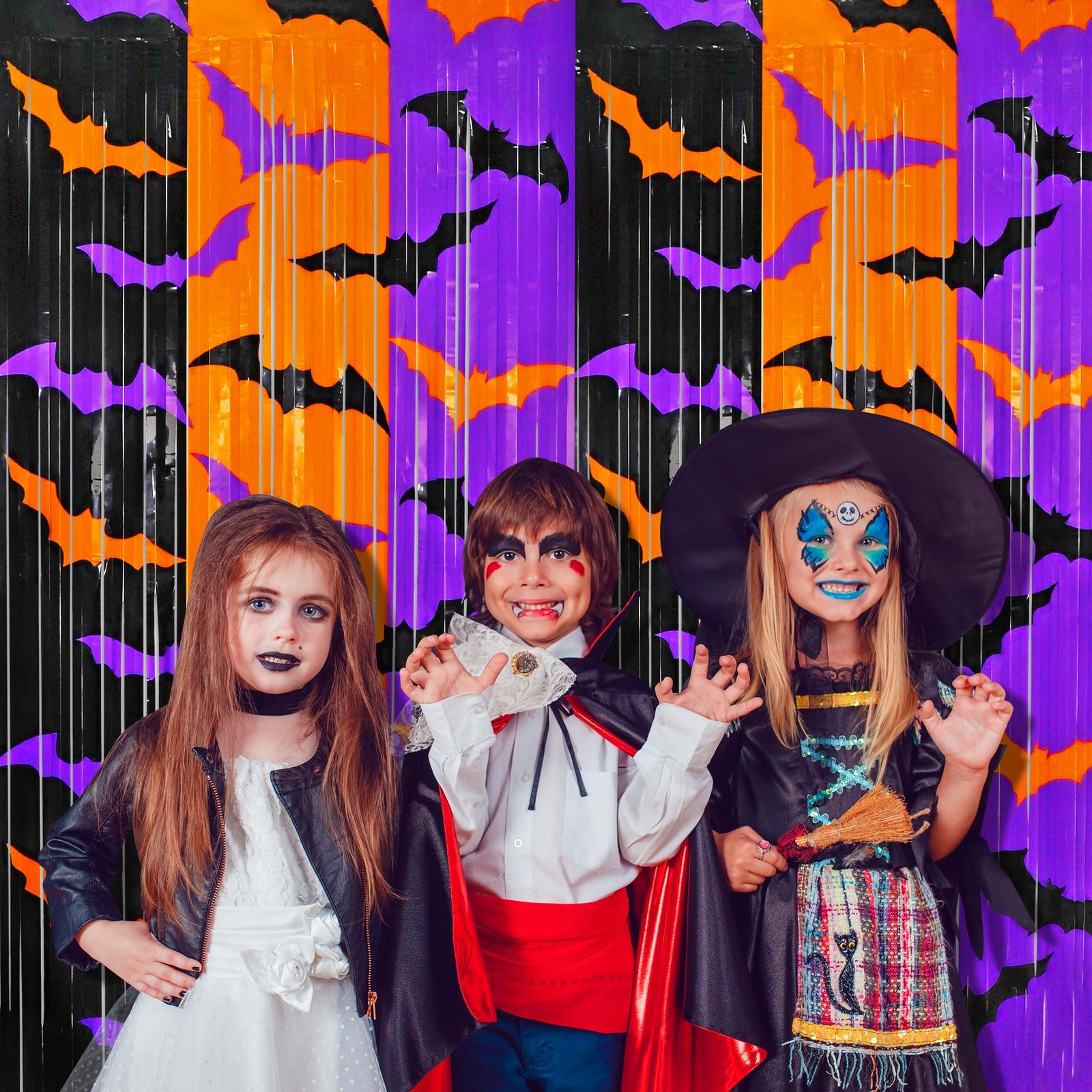 Halloween Decorations – 2 Pack Foil Fringe Curtains, Bat Pattern Backdrop