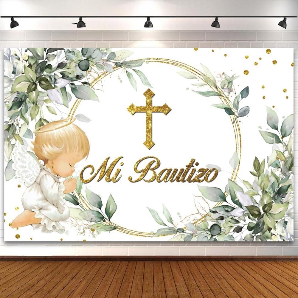 Mi Bautizo Backdrop First Holy Communion God Bless Eucalyptus Prop 7×5 Ft