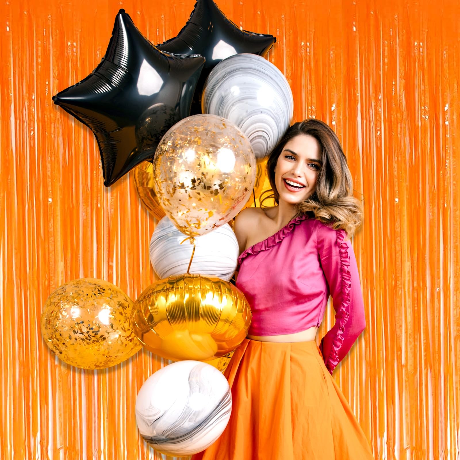Macaron Orange Metallic Foil Fringe Curtain Backdrop Streamers 3.28×8.2 Ft 6 PK
