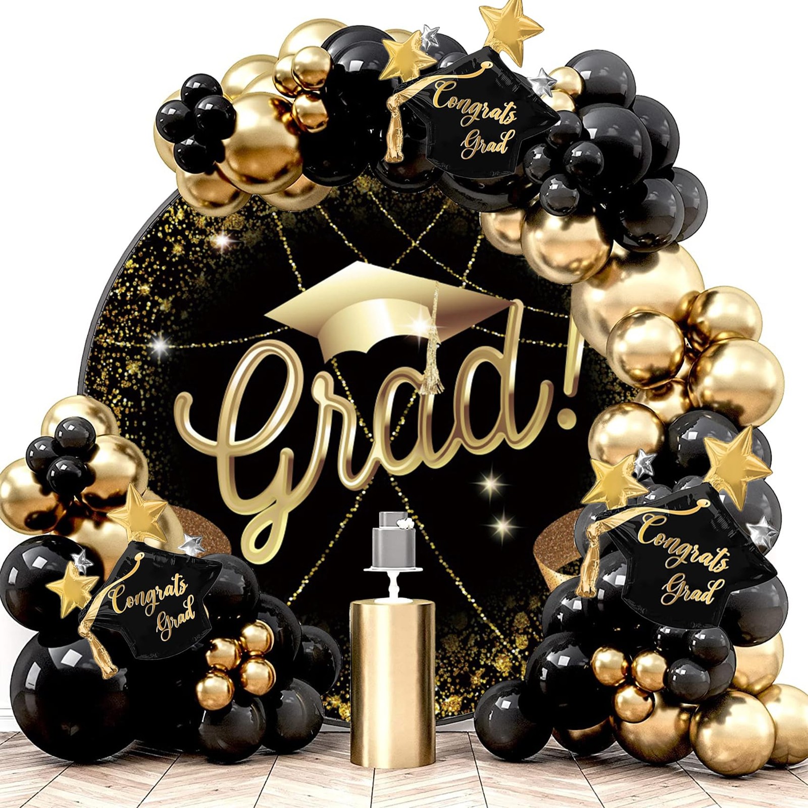 Renaiss 7.5×7.5ft Grad Cap Round Backdrop Covers Glittering Golden Ribbon Bla…
