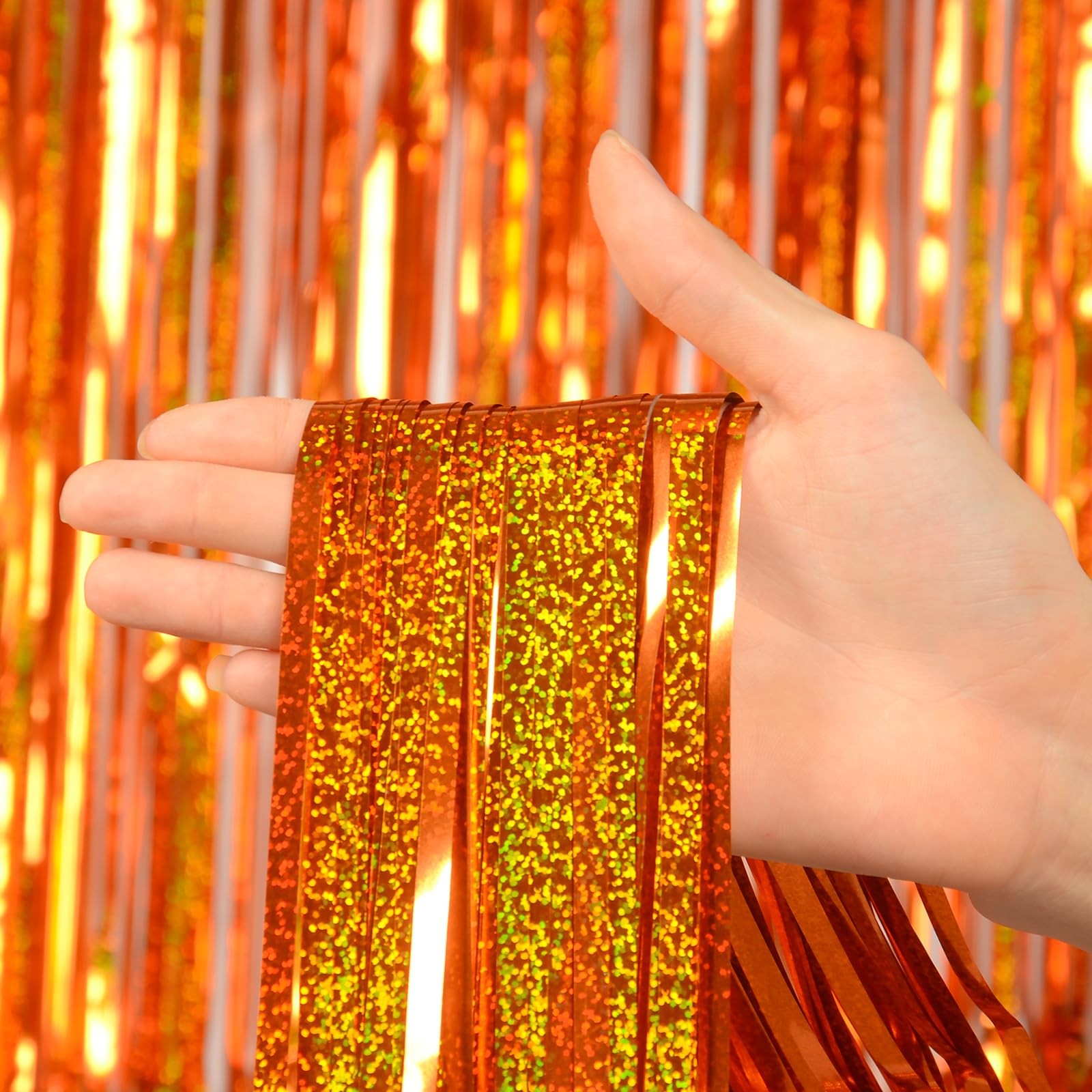 Orange Thicker Metallic Tinsel Foil Fringe Curtains Backdrop Streamers 3 Pack