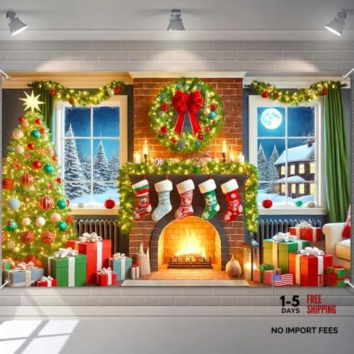 Christmas Fireplace Banner 71×43 Inch Indoor Holiday Decorations Tree – Tree