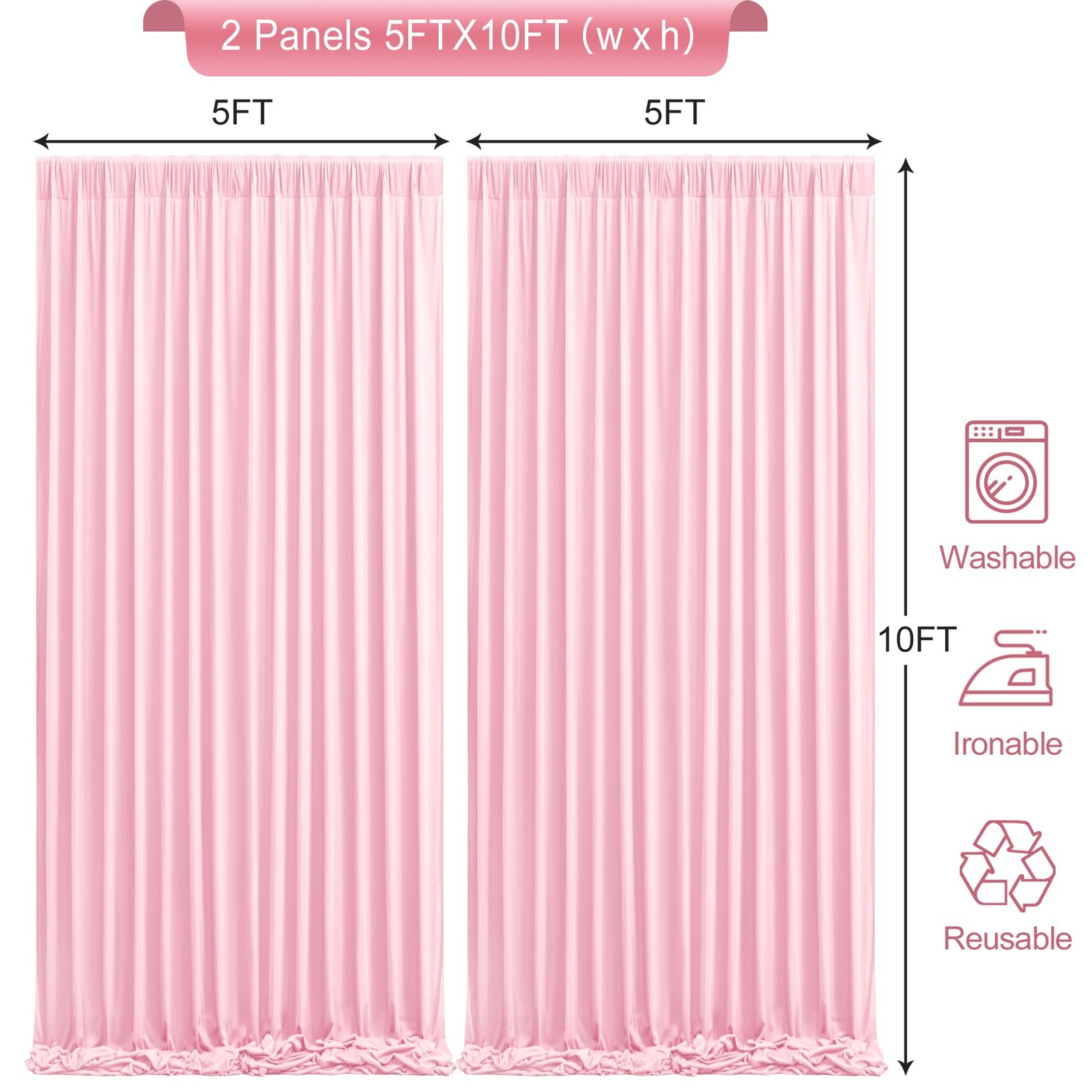 2 PCS 5×10 FT Baby Pink Wrinkle Free Polyester Backdrop Curtains Wedding Party