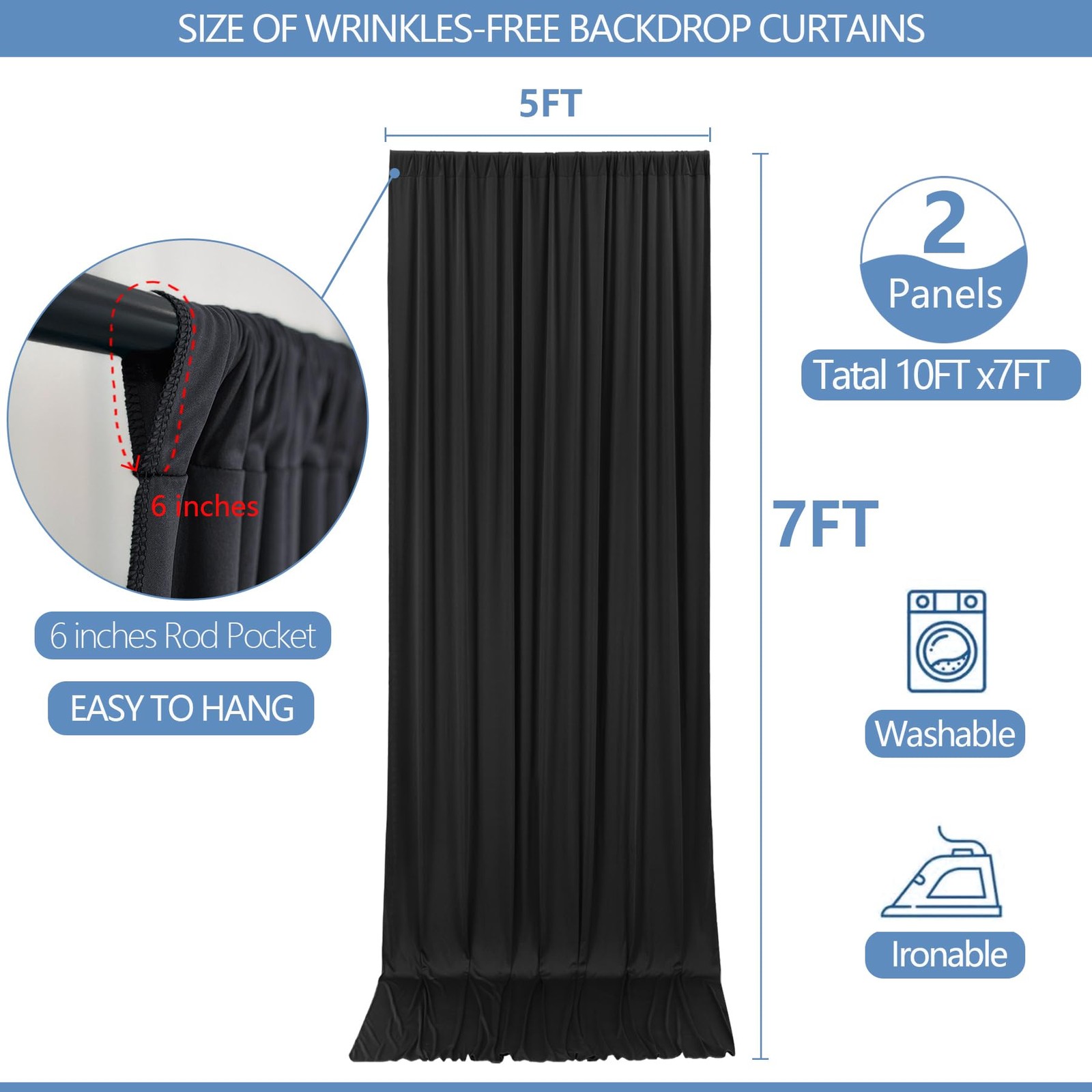 10X7Ft Wrinkle Free Black Backdrop Curtain for Parties Soft Fabric Drapes Weddin