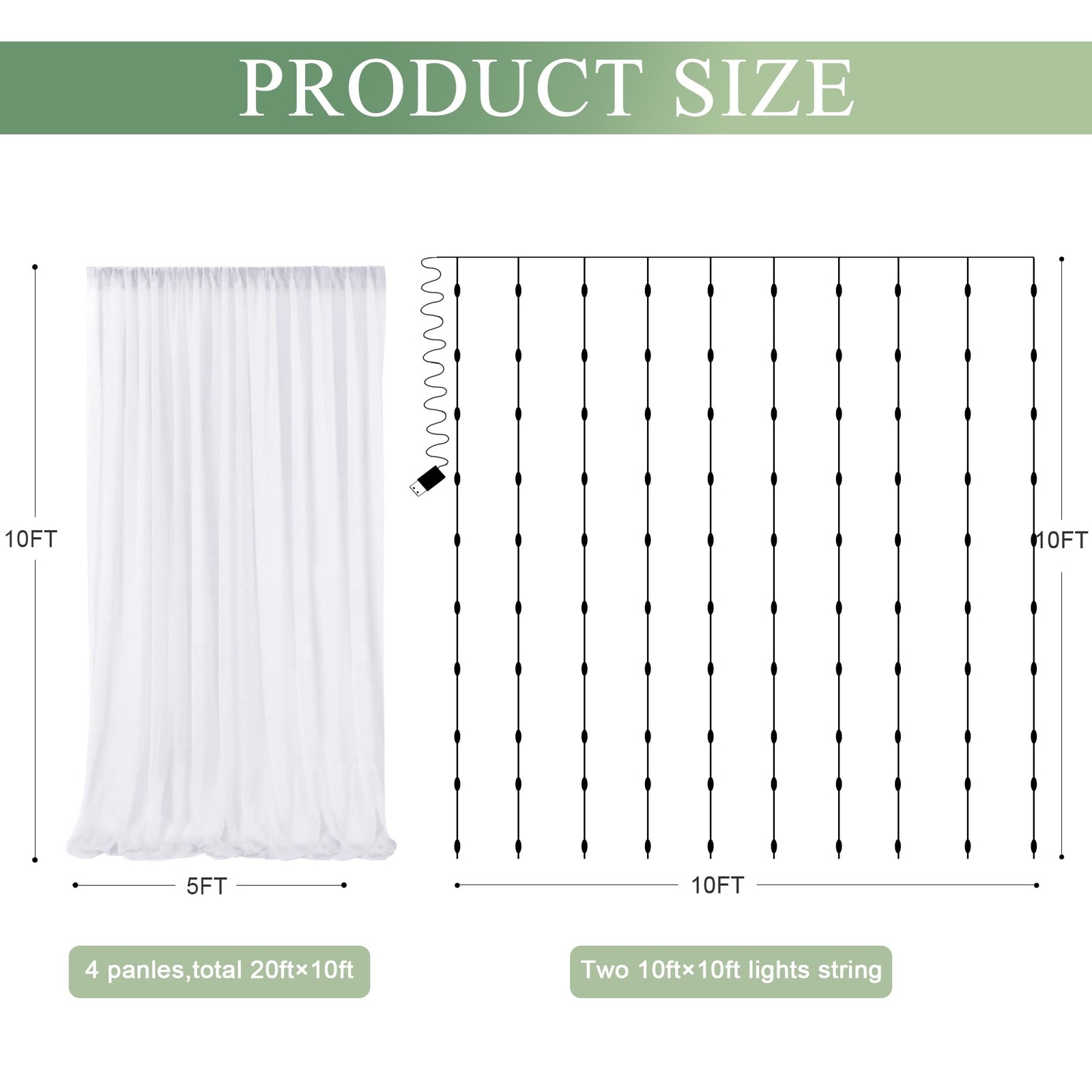 Tulle Backdrop Curtain with Lights White Sheer Wedding Decor Fits 20×10 Ft