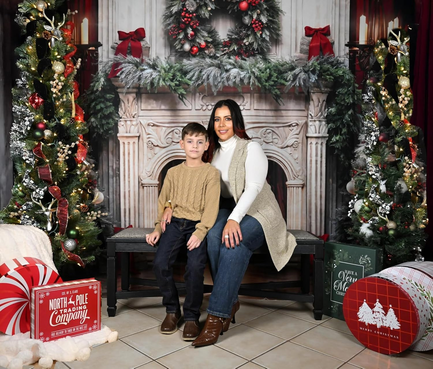 8X8Ft Classic Christmas Fireplace Backdrops for Photography Vintage Mantel Garla
