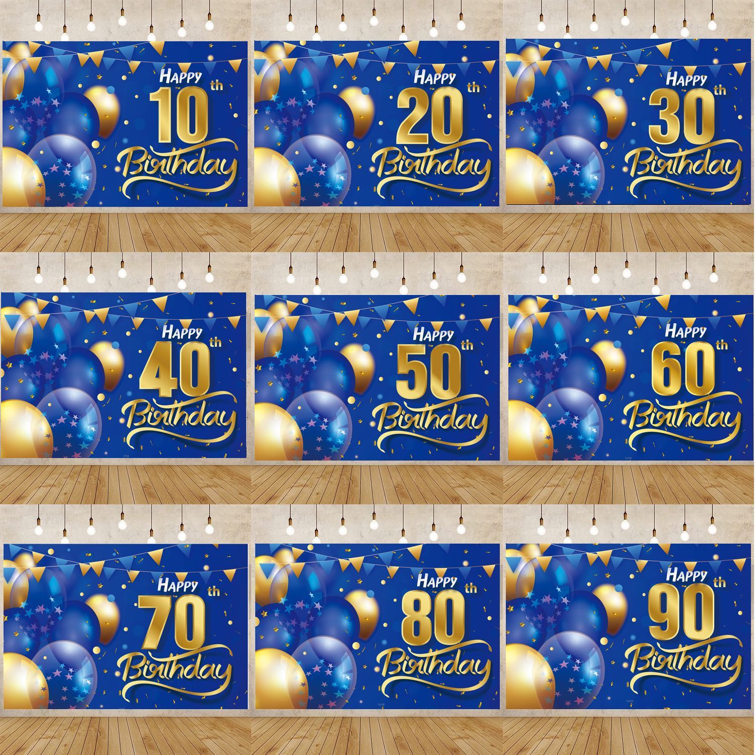 Men Happy Birthday Backdrop Navy Blue Gold Birthday Banner Vinyl Party Supplies
