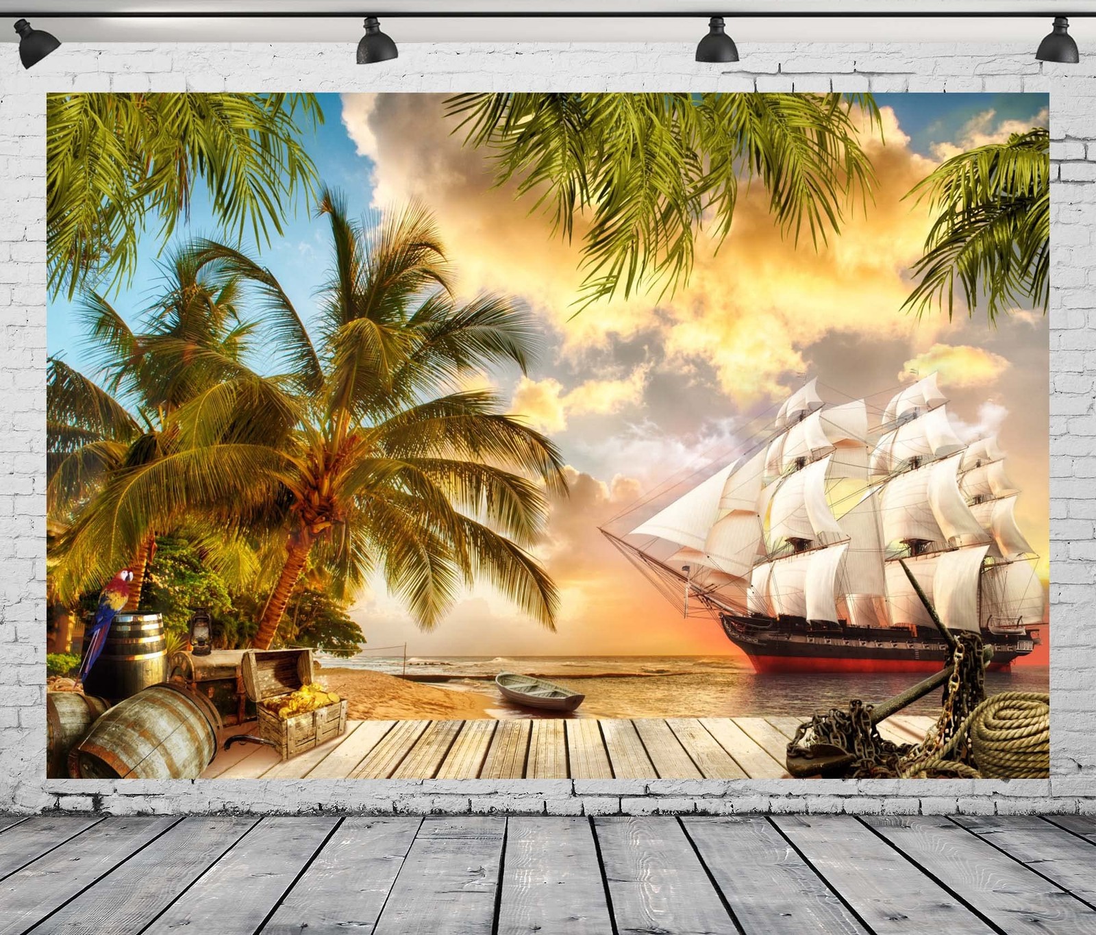 Beach Island Pirate Ship Backdrop Fabric 5x3ft Summer Ocean Background Decor