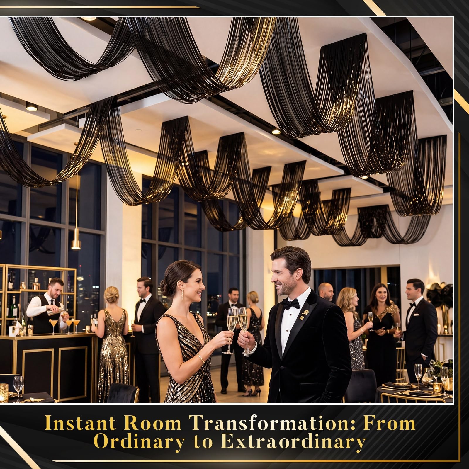 4 PCS 15ft Black Metallic Foil Ceiling Fringe Curtains Party Photo Backdrop