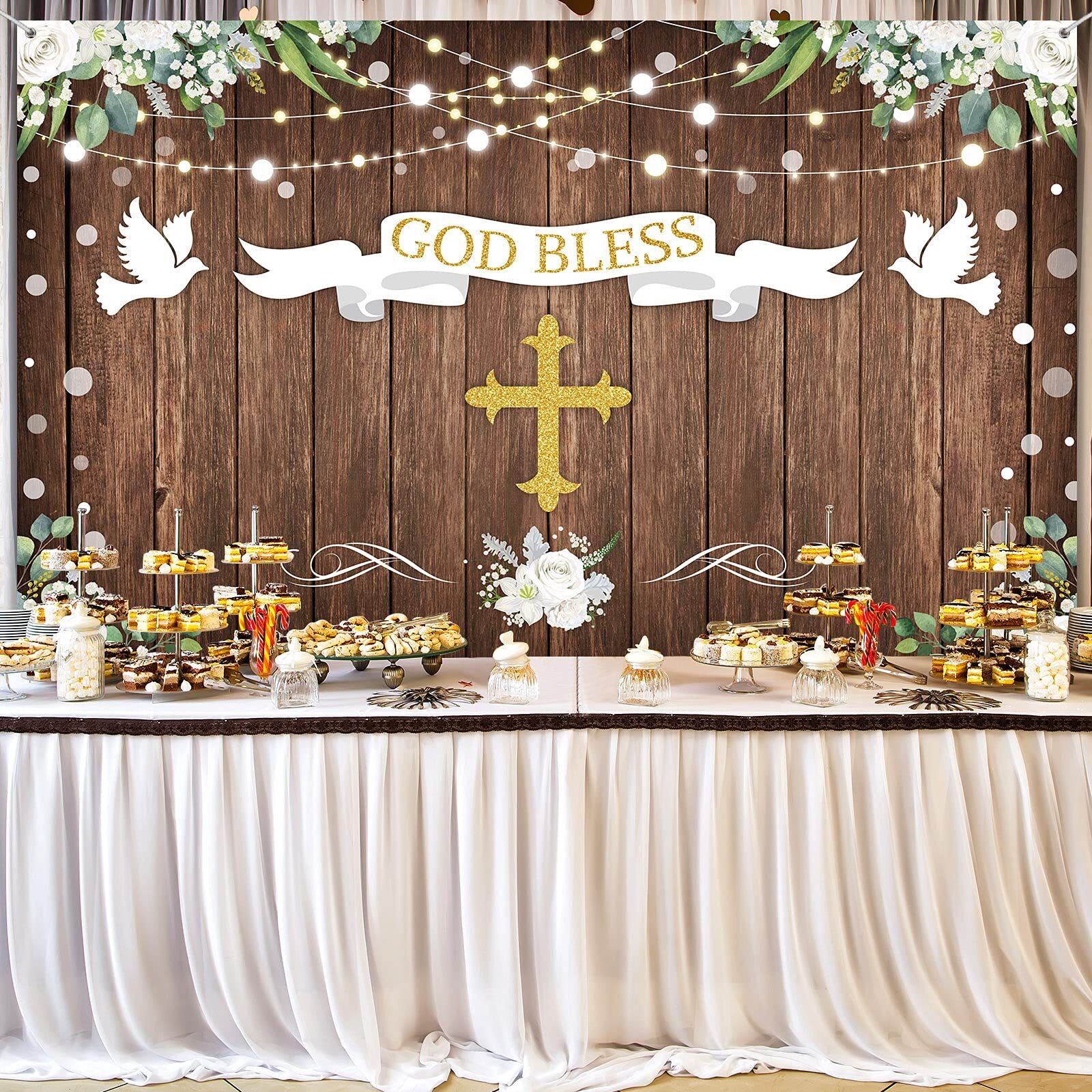 71 x 43 Inch God Bless Baptism Backdrop First Holy Communion Party Decoration…