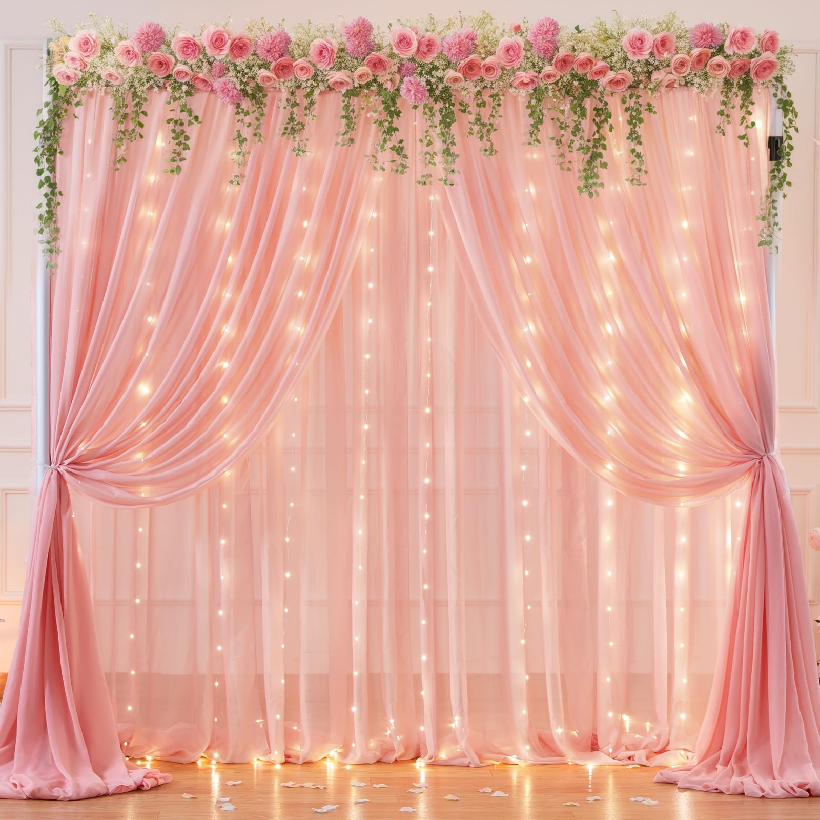 10x7ft Baby Pink Chiffon Backdrop Curtain with Lights String for Party