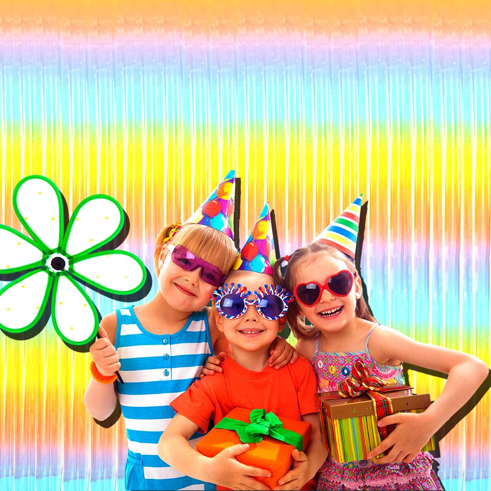 4-Pack 3.28×6.56Ft Rainbow Foil Fringe Curtain Backdrop for Party Decoration