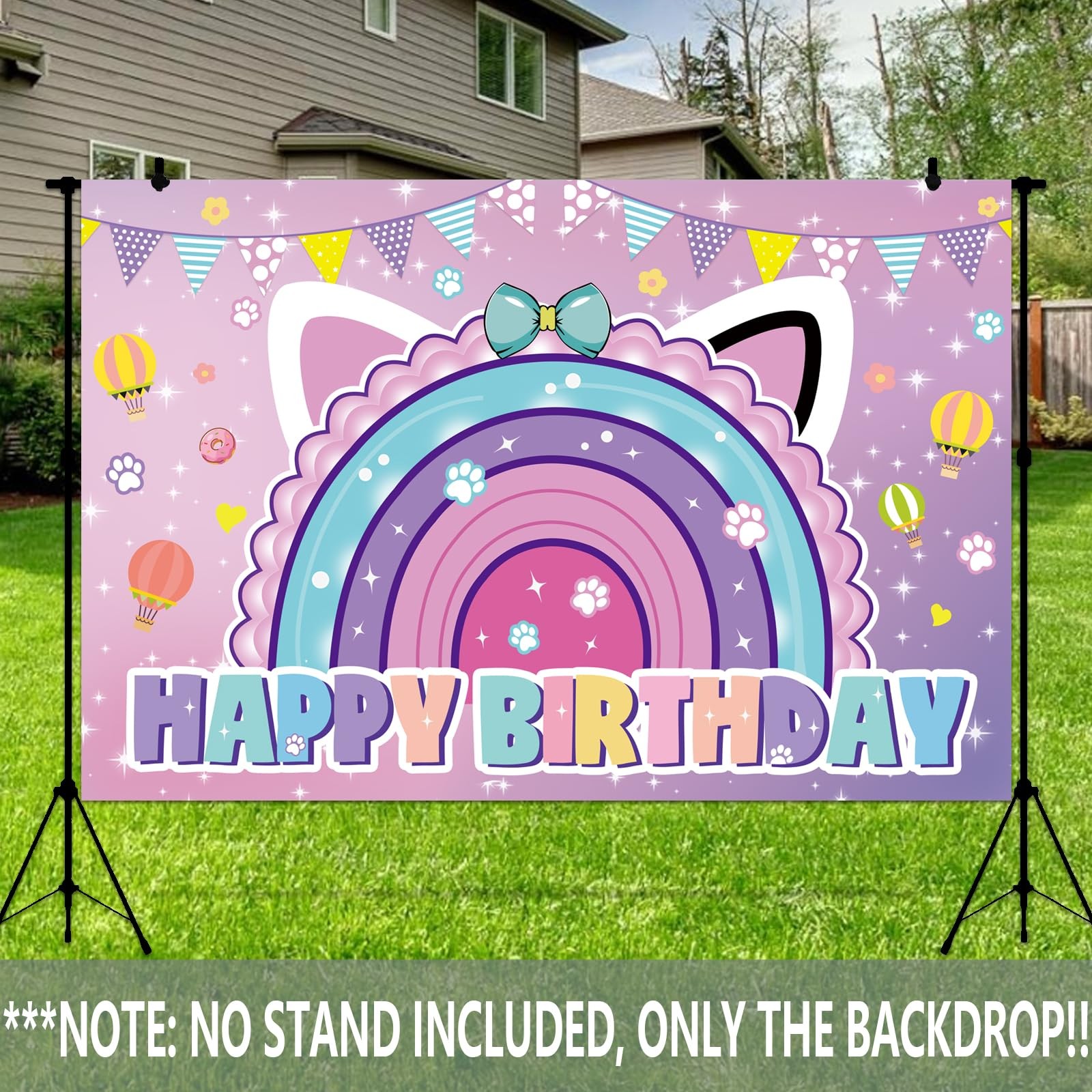 Cartoon Cat Theme Happy Birthday Photography Backdrop, 7x5ft Rainbow Backgrou…