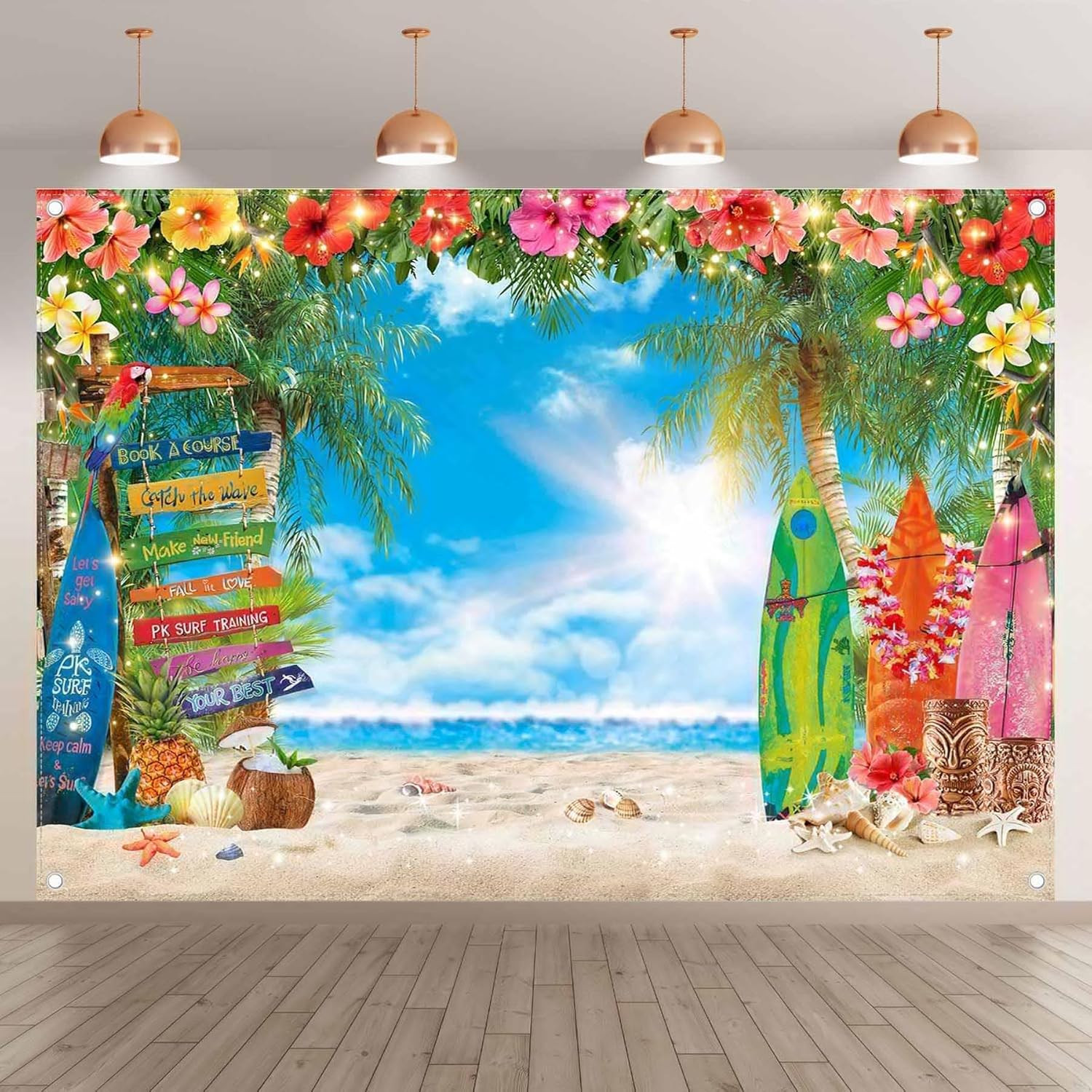 7x5Ft Summer Hawaiian Beach Photo Backdrop Tropical Palm Luau Party Banner
