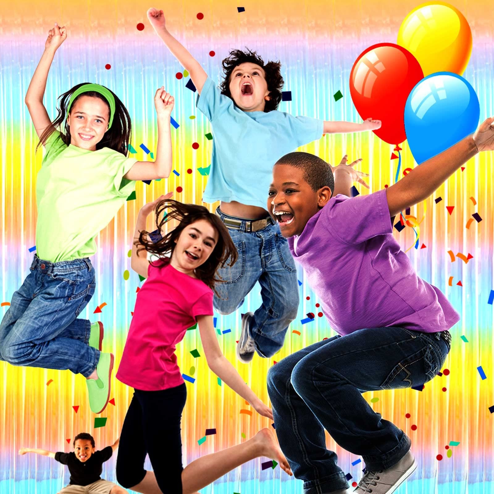 4-Pack 3.28×6.56Ft Rainbow Foil Fringe Curtain Backdrop for Party Decoration