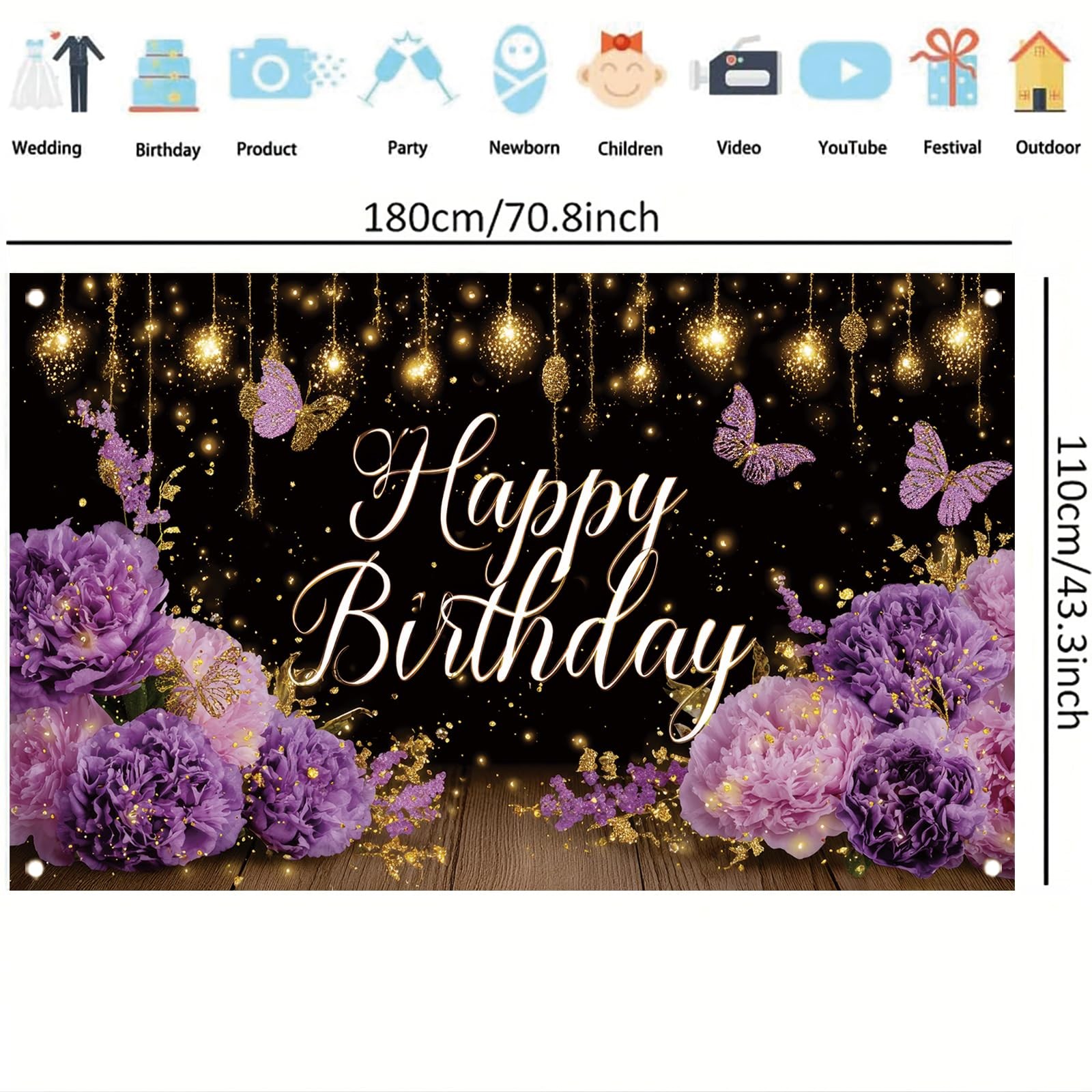 Purple Happy Birthday Backdrop 71 x 43 Inch Floral Butterfly Gold Glitter Photog