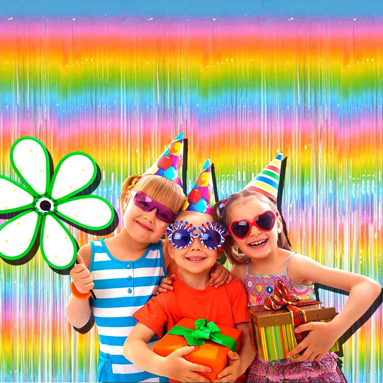 4 Pack Macaron Rainbow Foil Fringe Curtain Backdrop 3.28×8.2 Ft Streamers