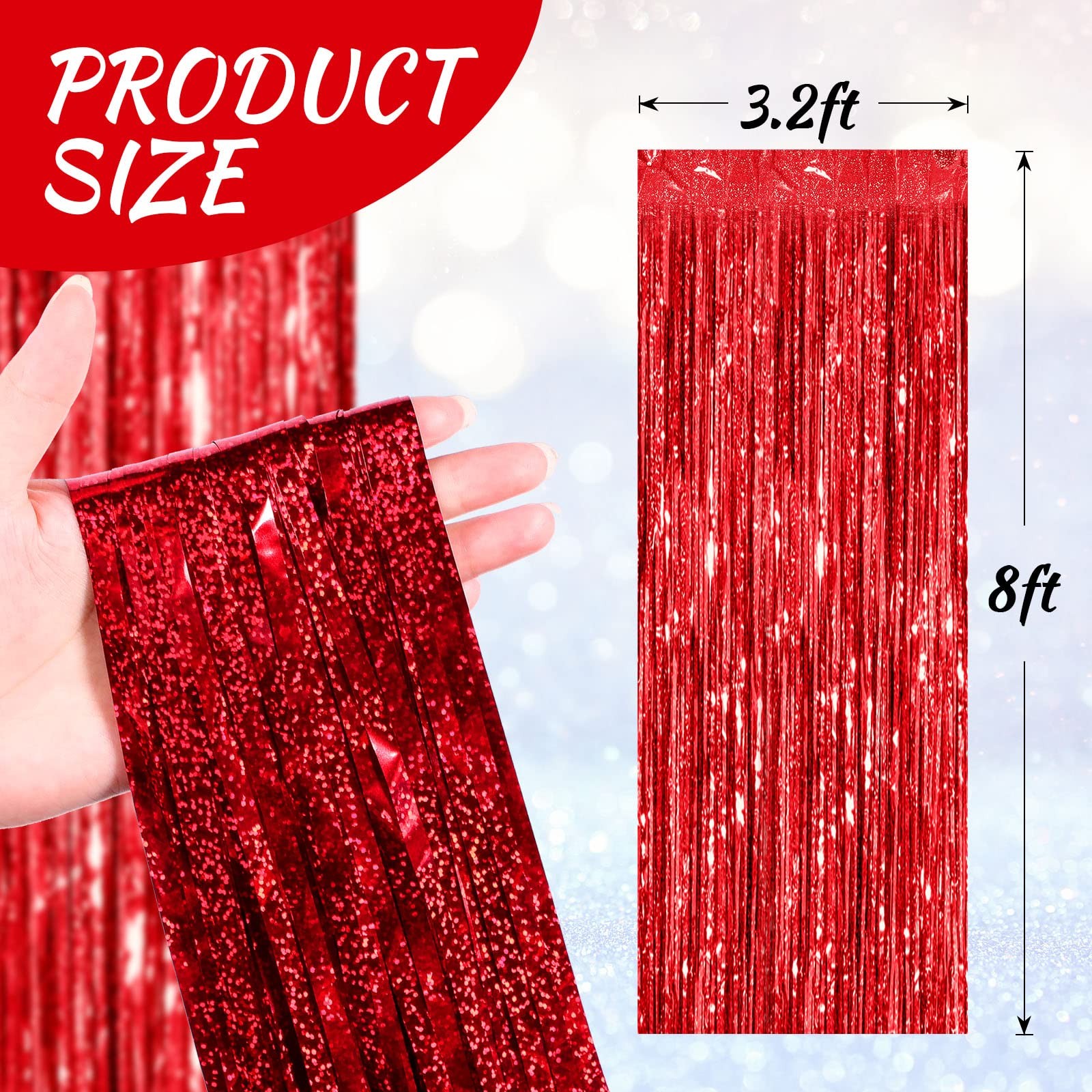 4 PCS Tinsel Foil Fringe Backdrop Curtains Metallic Streamer Red 3.3×8.2 Ft