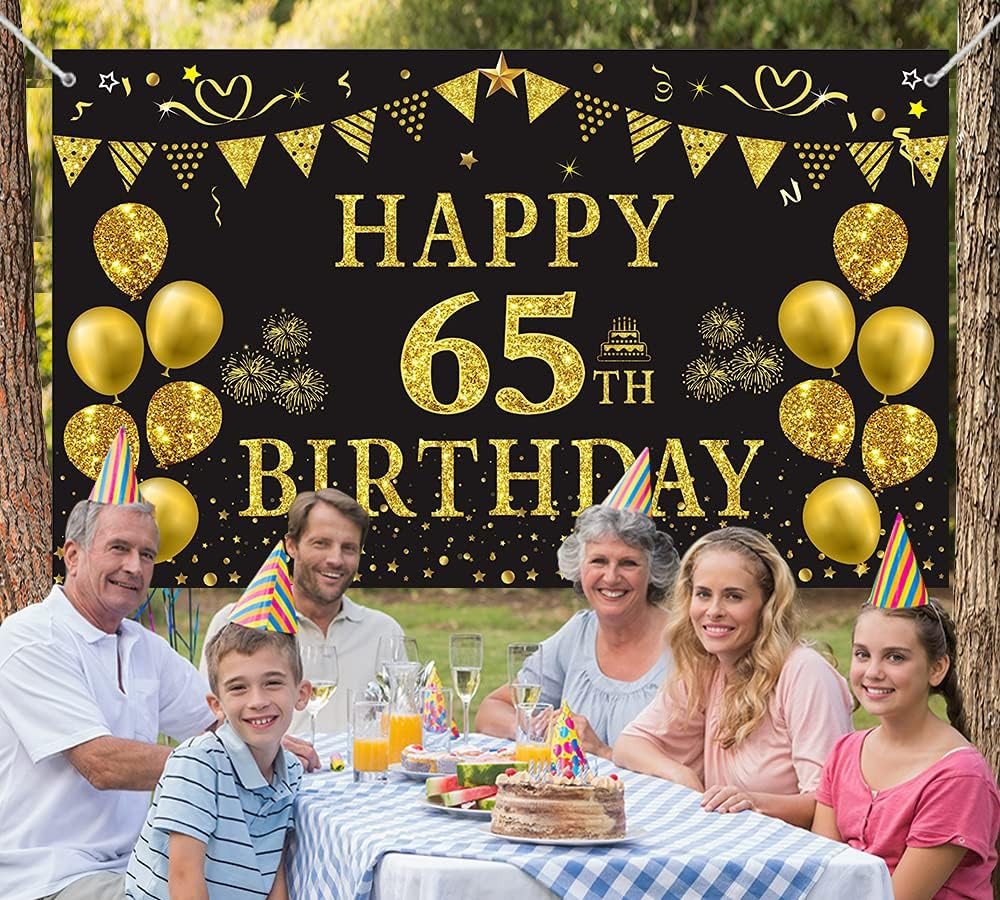 65th Birthday Backdrop Gold and Black 5.9 X 3.6 Fts Happy Birthday Party Deco…