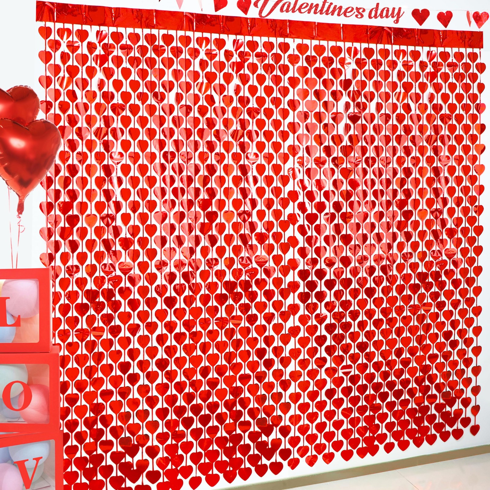 Valentines Day Decorations, 4 Pack Valentines Day Backdrop Garland, Red Heart Fo