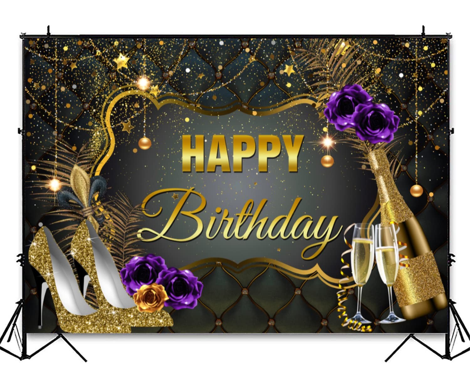 Black and Gold Happy Birthday Backdrop Banner for Women Sequin High Heel Cham…