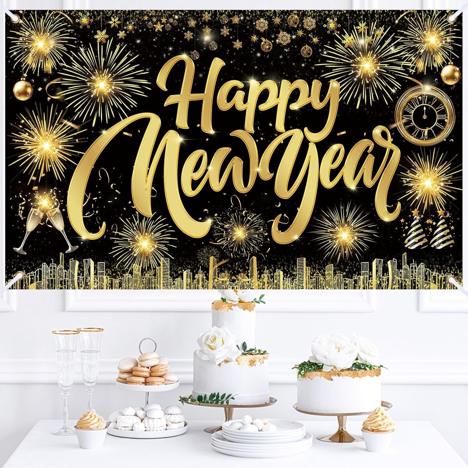 Famoby Happy New Year Fabric Sign Poster Banner Backdrop with Fireworks Large