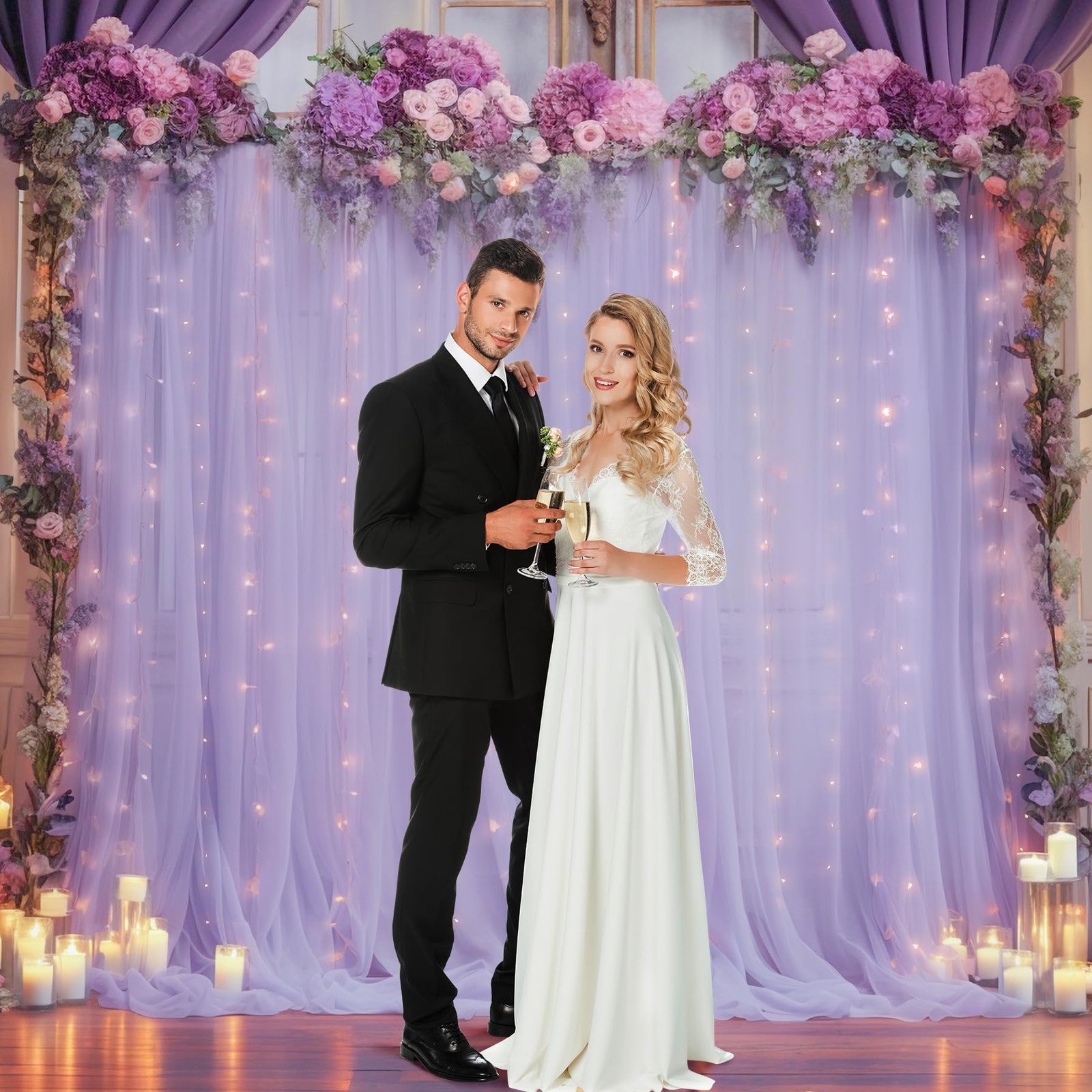 20x8ft Purple Tulle Backdrop Curtain with Lights String for Parites, Sheer Photo