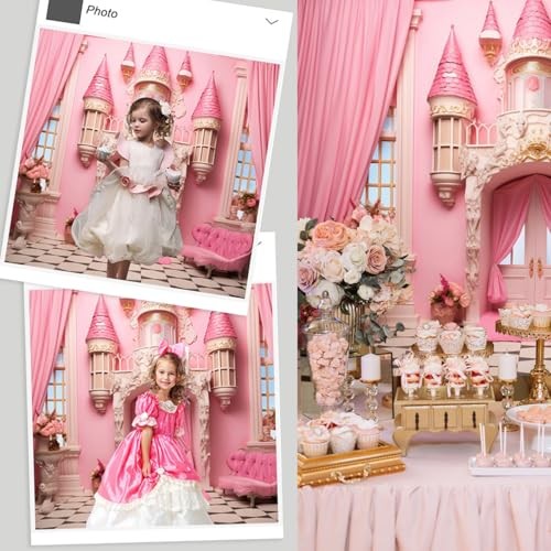 Pink Princess Castle Backdrop Sofa Flowers Vases Curtain Door 5x3ft Style 1