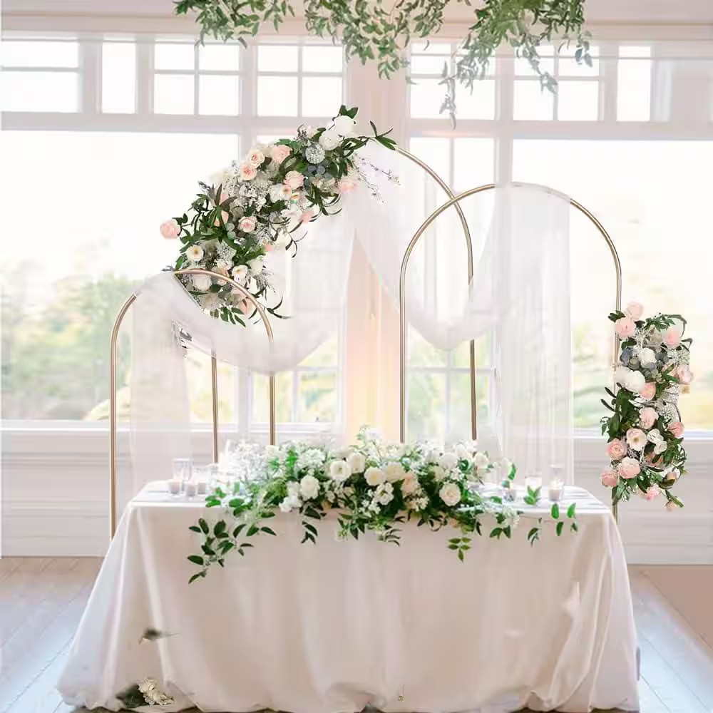 Metal Arch Backdrop Stand Set of 3 Light Gold 6.6 Ft. 5.9 Ft. 4.9 Ft. for Weddin