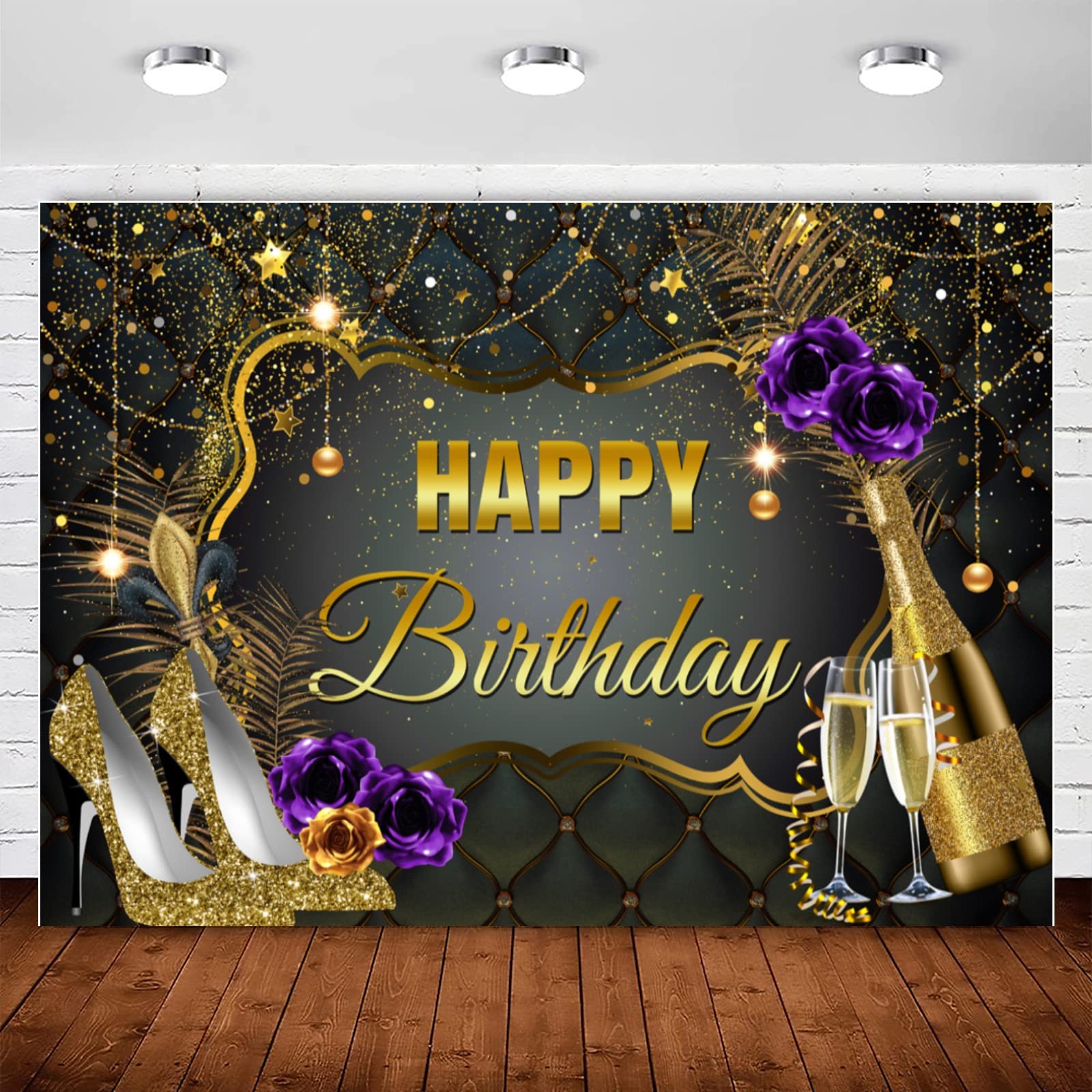 Black and Gold Happy Birthday Backdrop Banner for Women Sequin High Heel Cham…