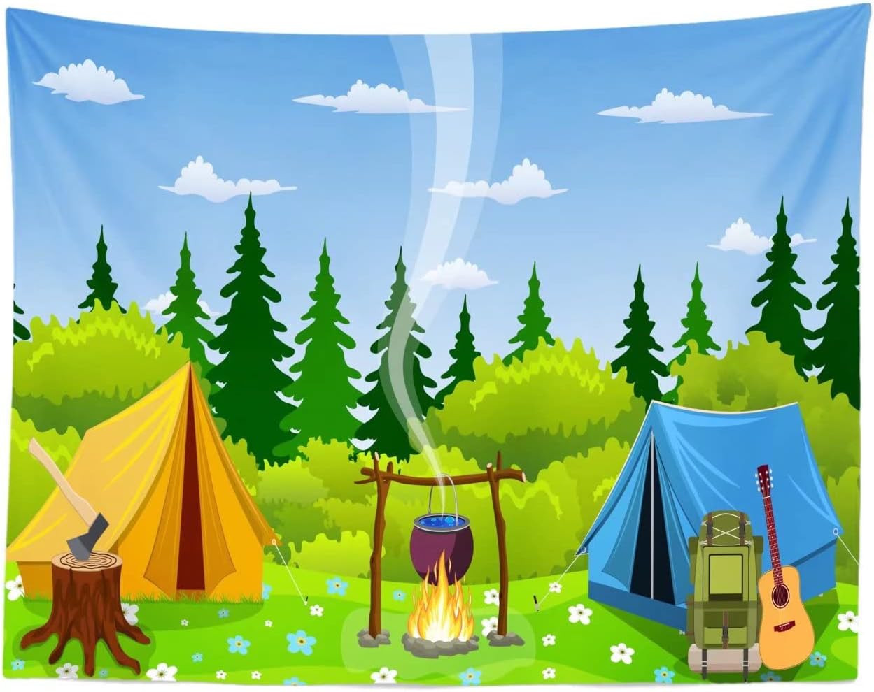 Cartoon Forest Camping Backdrop 20x10ft for Kids Birthday & Baby Shower