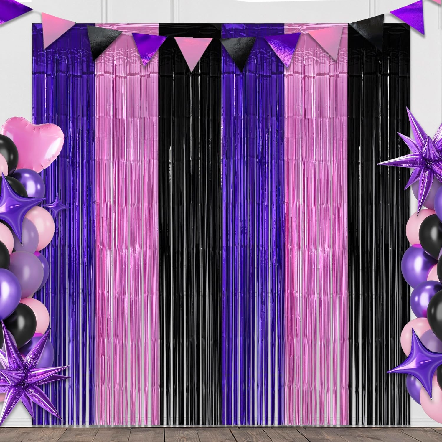 Pink Purple Black Foil Fringe Curtains Birthday Decorations, 2 Pack 3.2×6.6ft…