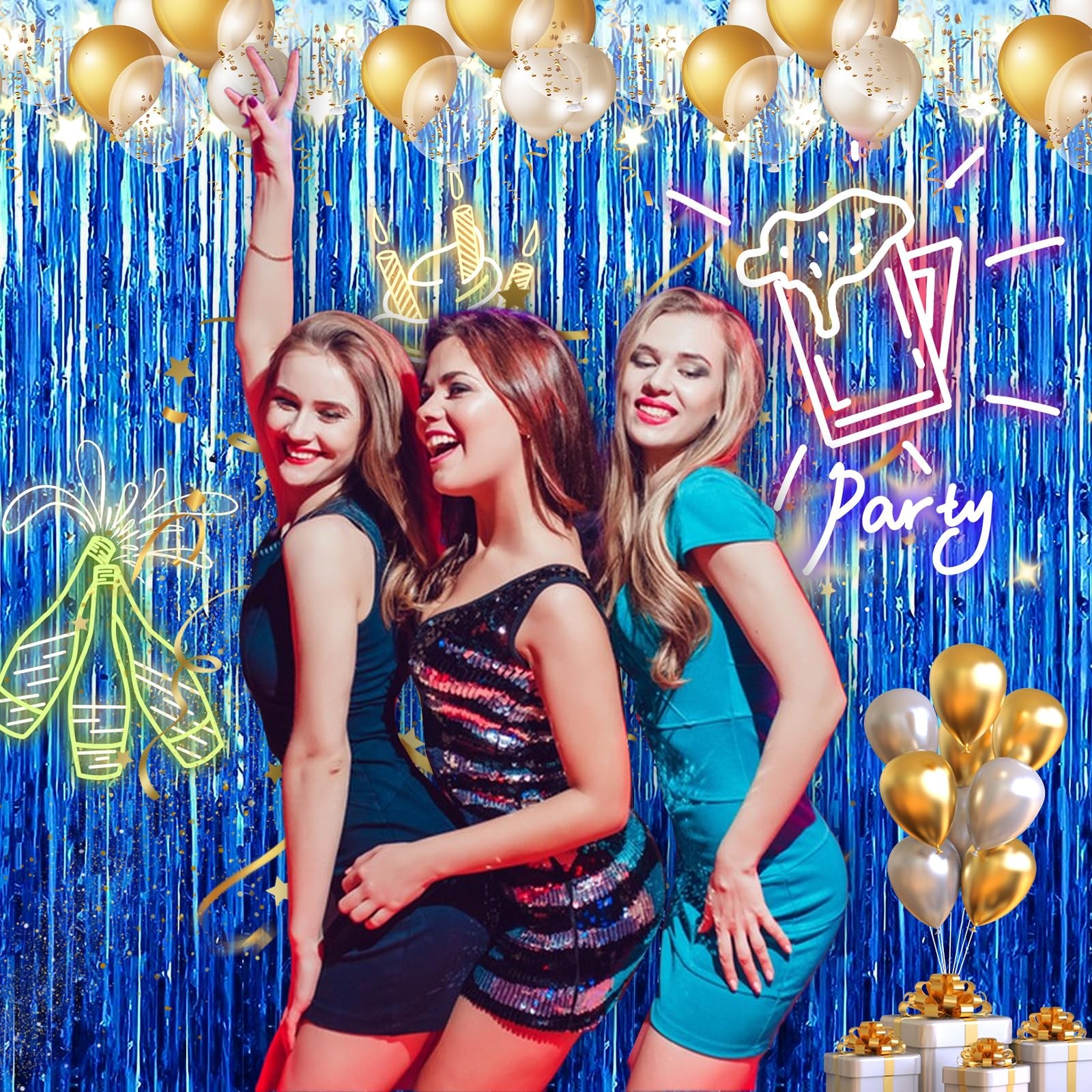 2 PCS Blue Tinsel Foil Fringe Curtain Party Photo Backdrop Decor 3.28×6.56 Ft